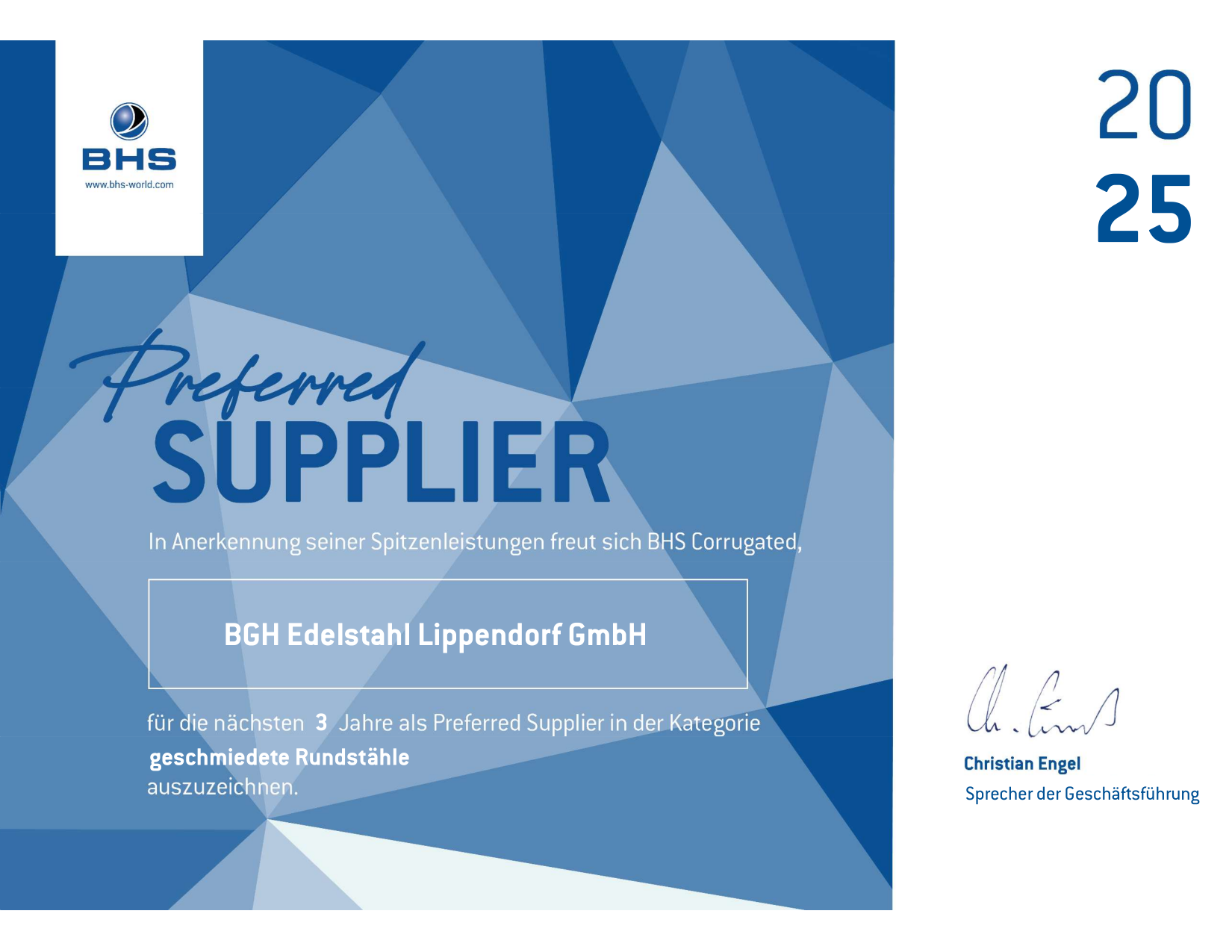 Preferred supplier BGH Edelstahl_Zertifikat